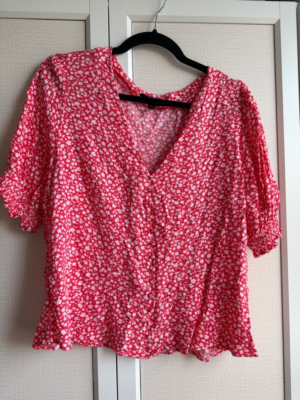 Red Floral V-Neck Button Front Women's Top